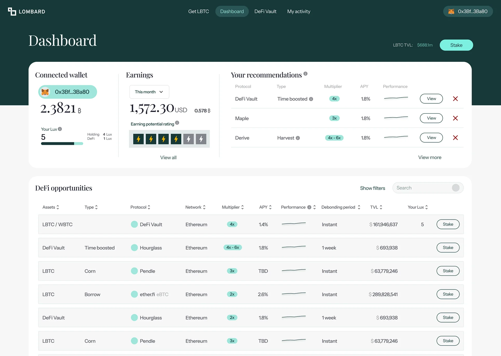 The redesigned dashboard: earnings and portfolio first.