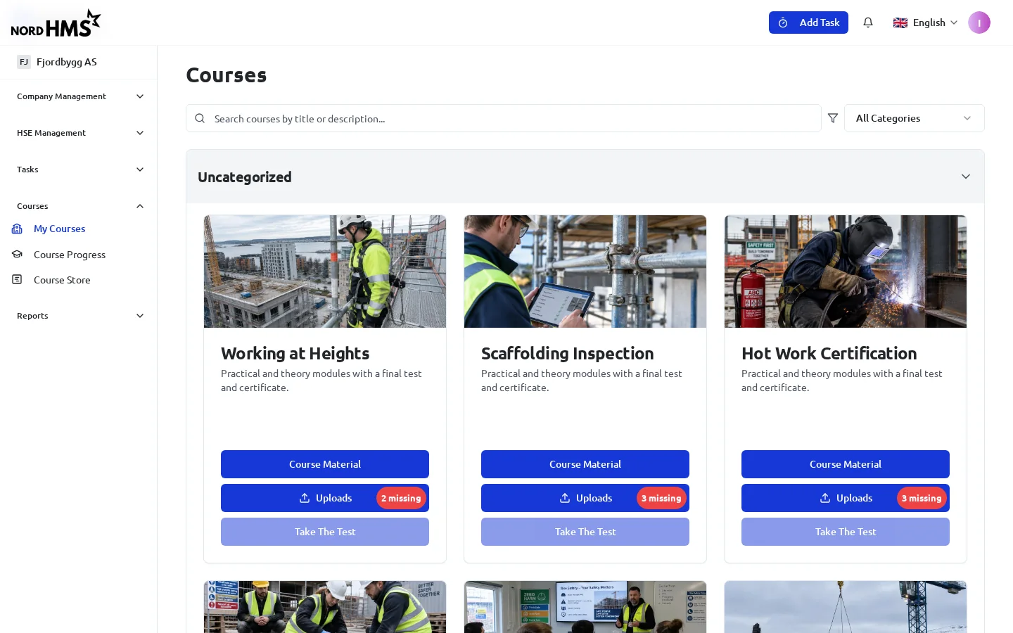 Courses: training with material, practical uploads and a final test.