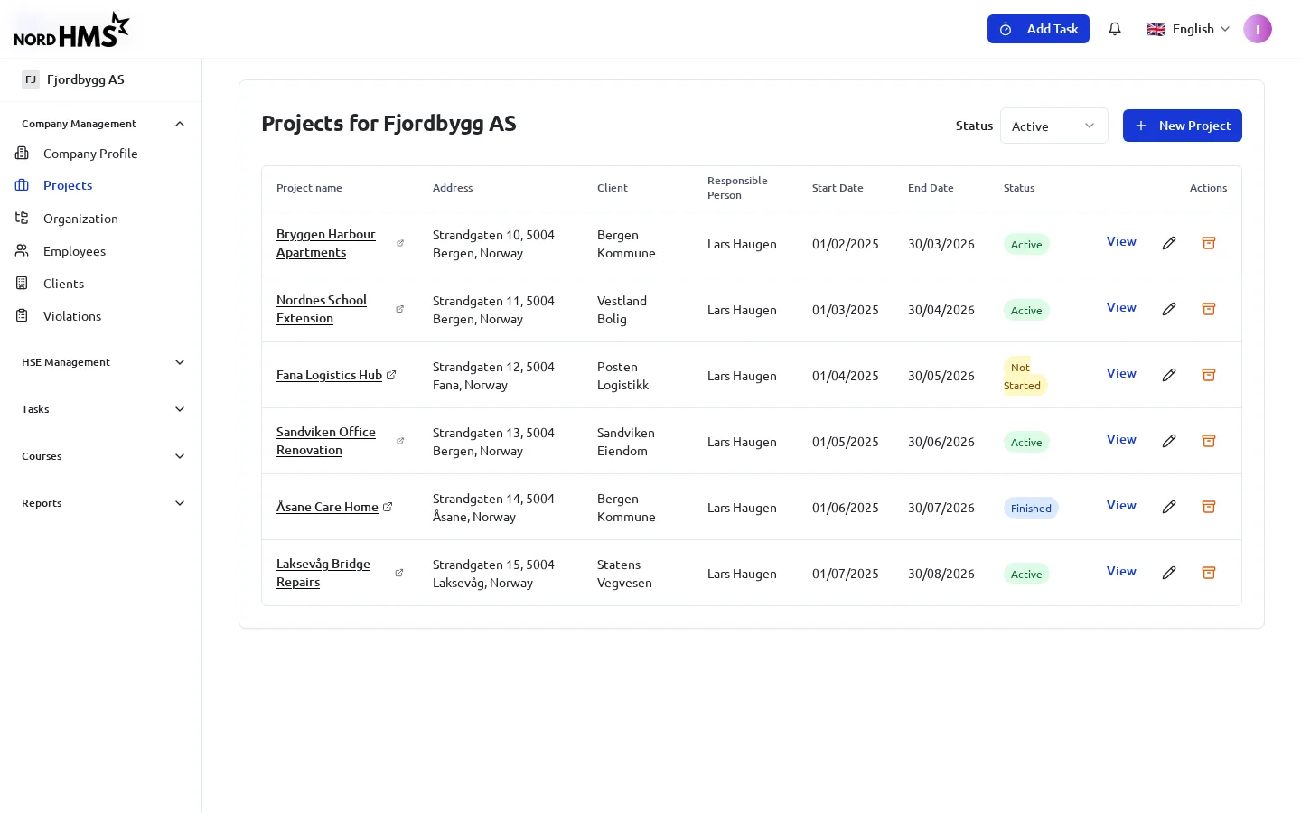 Projects: every site with its client, owner, dates and status.