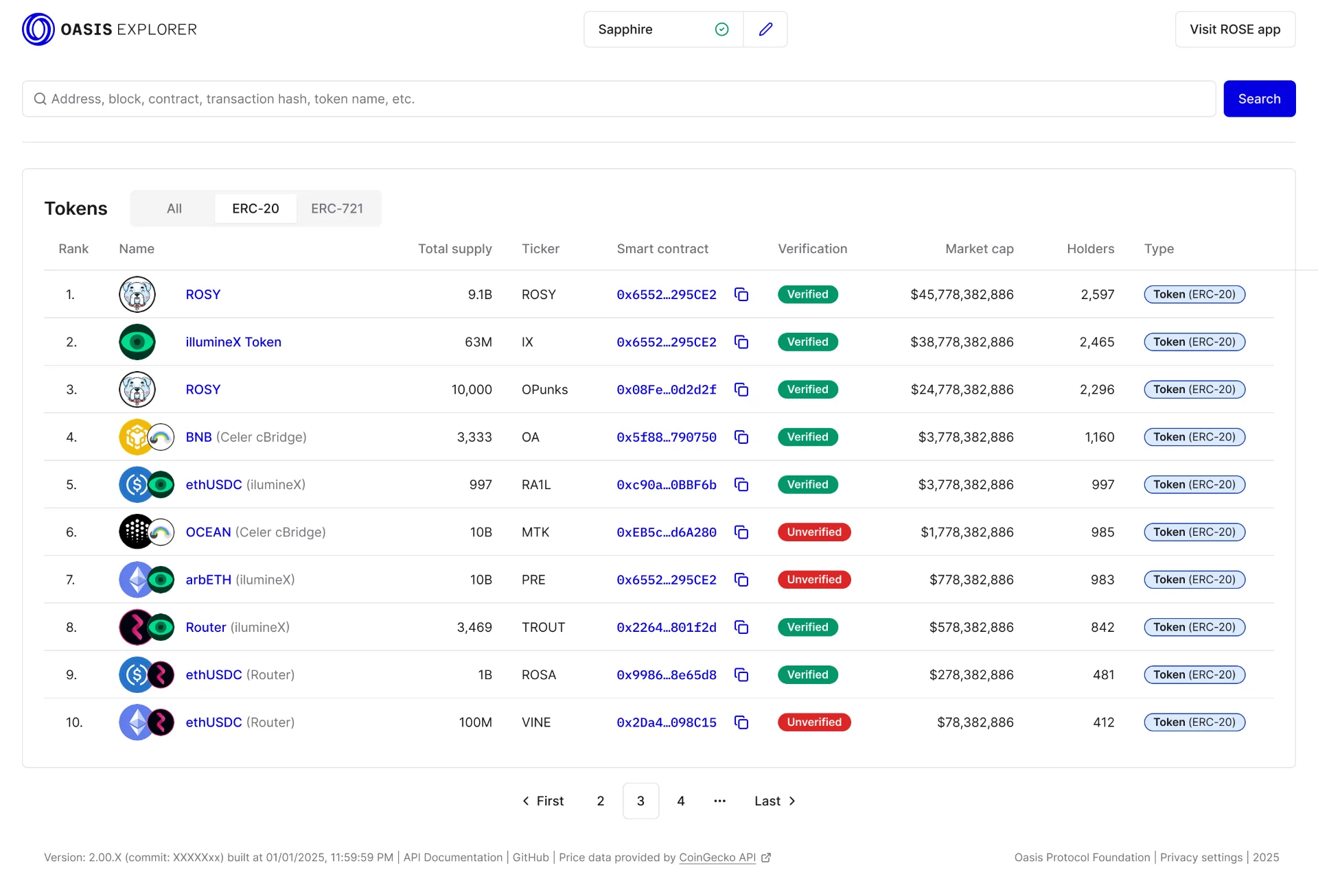 Oasis block explorer token pages